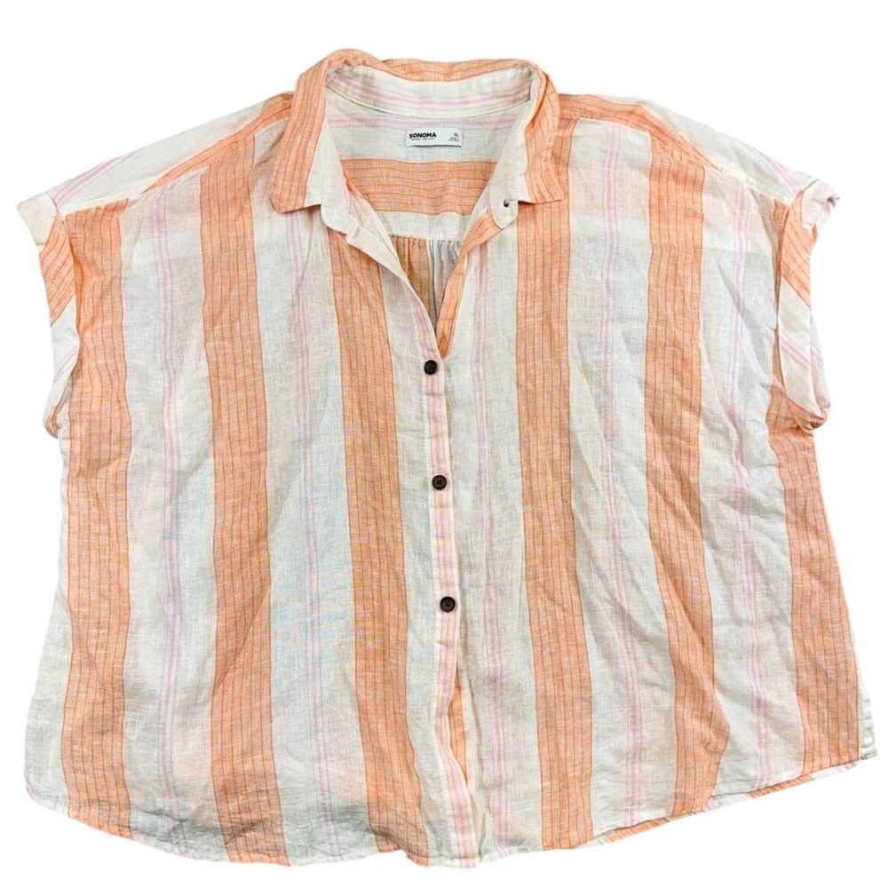 Sonoma Goods For Life Orange Pink Striped Linen Blend Button Down Top XL